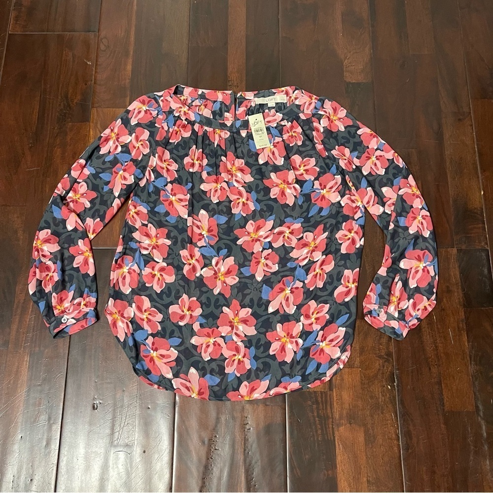 NWT Loft Blouse Women’s Small Petite Floral Work Sleeves Sheer Boat Neck